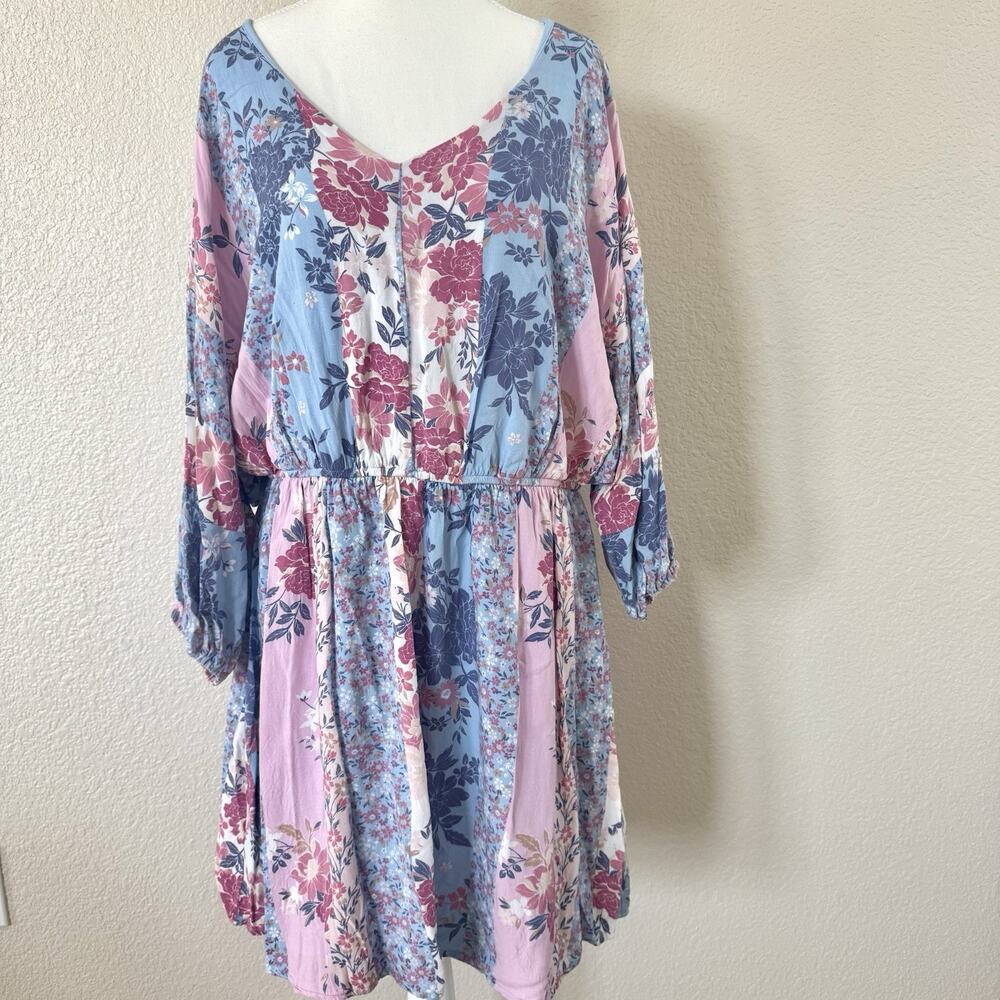 Andree By Unit Blue Pink Floral V-Neck Lined Tunic Swing Dress Size 1X X-Large